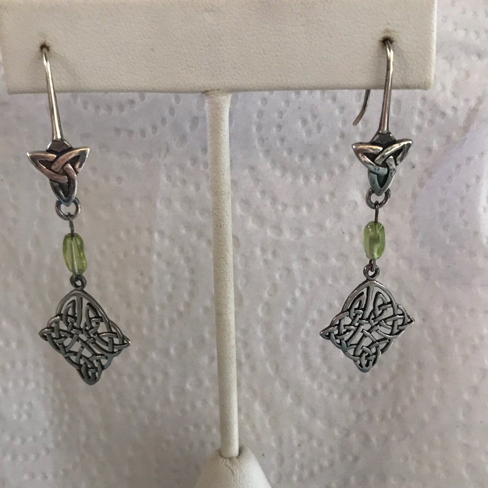 Sterling Silver - Earrings - Celtic Knots with Peridot. 2-1/4” Drop